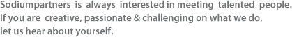 SodiumPartners ?is ?always ?interested in meeting ?talented ?people. If you are ?creative, passionate & challenging on what we do, let us hear about yourself.